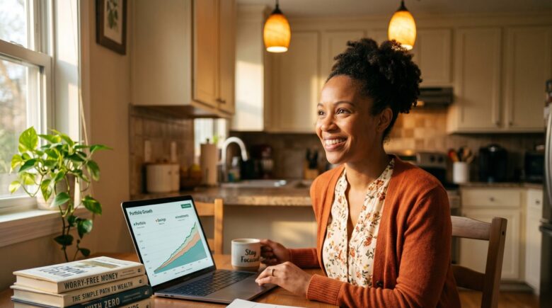 A teacher reviewing her investment portfolio on a laptop at a kitchen table with financial notes nearby