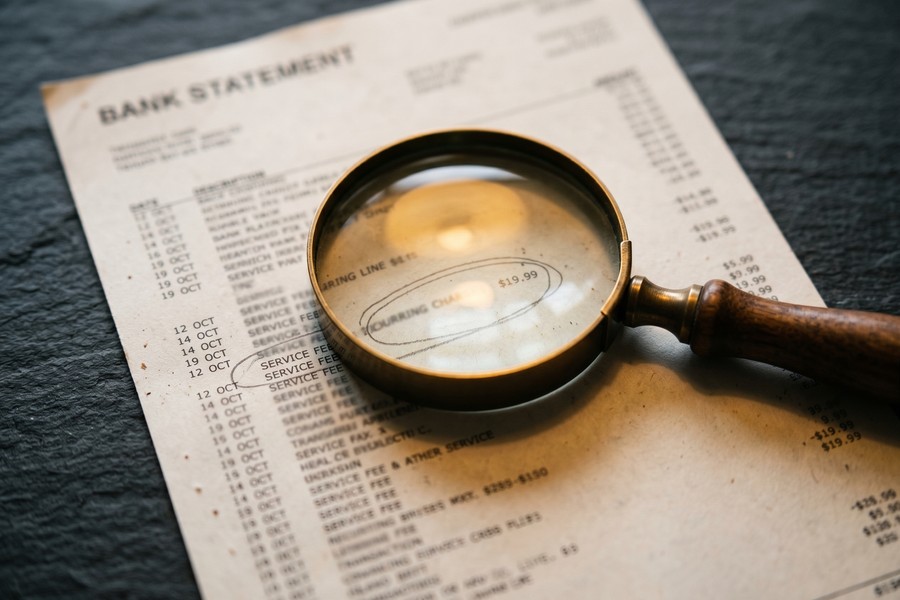 Person reviewing bank statements on a laptop, highlighting recurring subscription charges