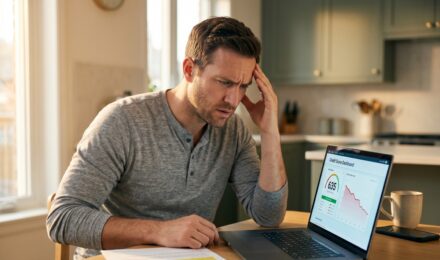 Person checking a declining credit score graph on a smartphone with a concerned expression