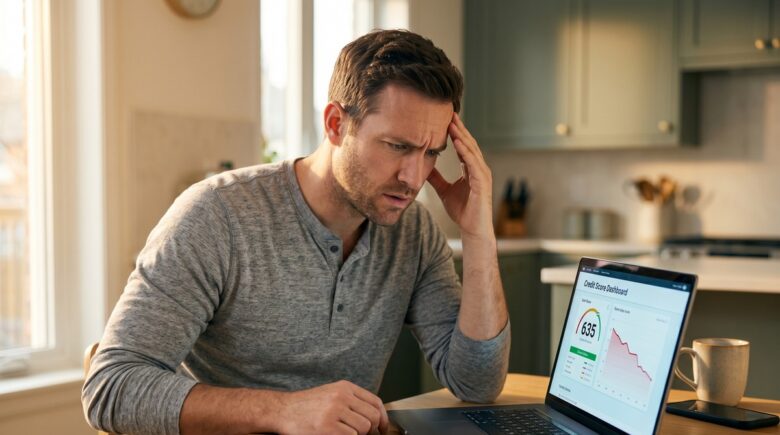 Person checking a declining credit score graph on a smartphone with a concerned expression