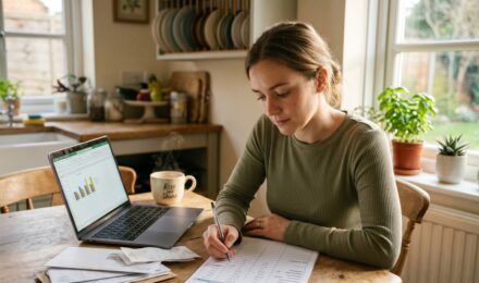Person reviewing bank statements at a kitchen table while building a zero-based budget on paper