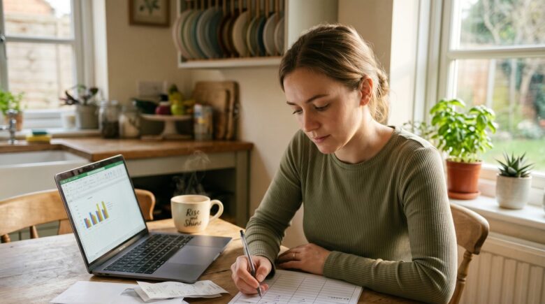 Person reviewing bank statements at a kitchen table while building a zero-based budget on paper