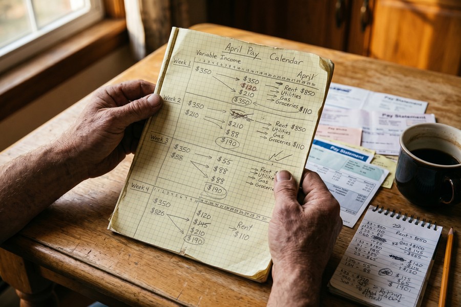 Notebook and calculator with printed bank statements spread across a desk for budget planning