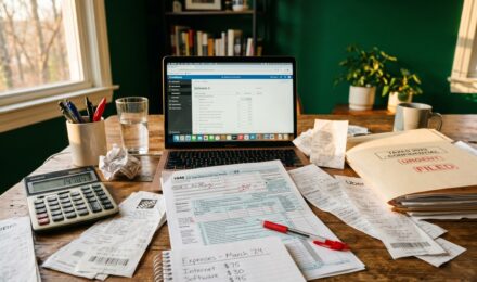 Freelancer reviewing tax documents and deductions to avoid IRS audit triggers