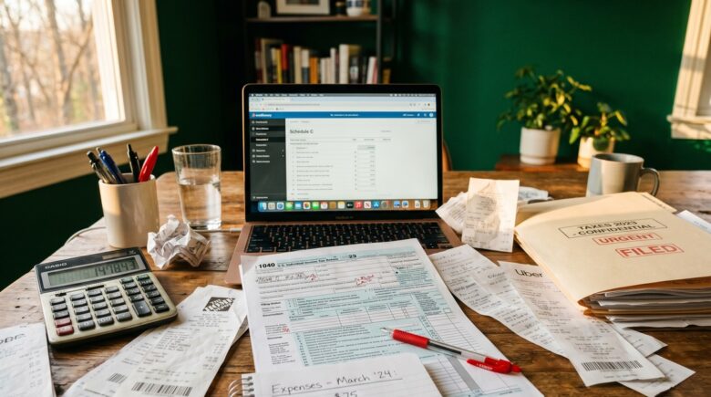 Freelancer reviewing tax documents and deductions to avoid IRS audit triggers