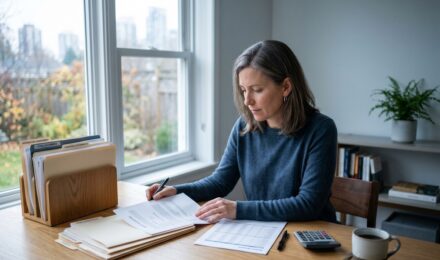 Person reviewing financial documents and taking notes during divorce financial planning