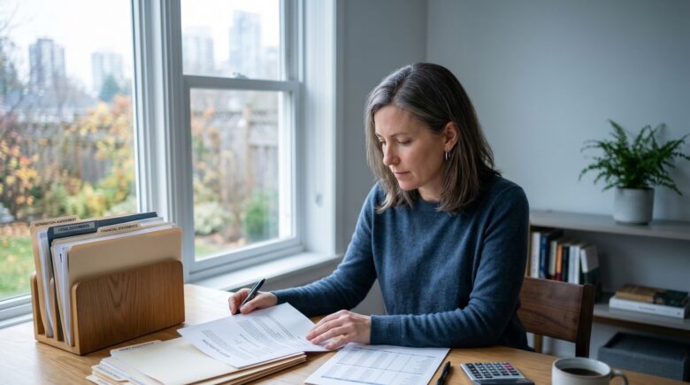 Person reviewing financial documents and taking notes during divorce financial planning
