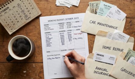 Calendar and savings jar showing monthly contributions toward future irregular expenses