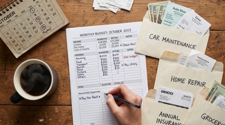 Calendar and savings jar showing monthly contributions toward future irregular expenses