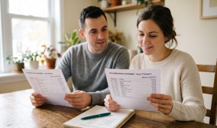 Two people reviewing financial documents together at a kitchen table with a laptop and calculator