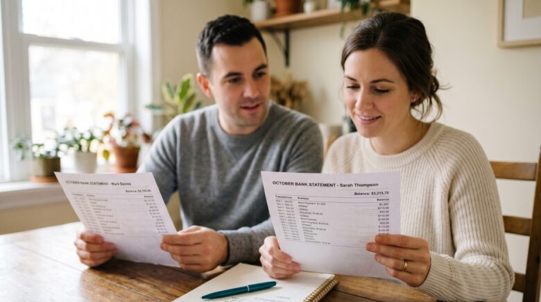 Two people reviewing financial documents together at a kitchen table with a laptop and calculator