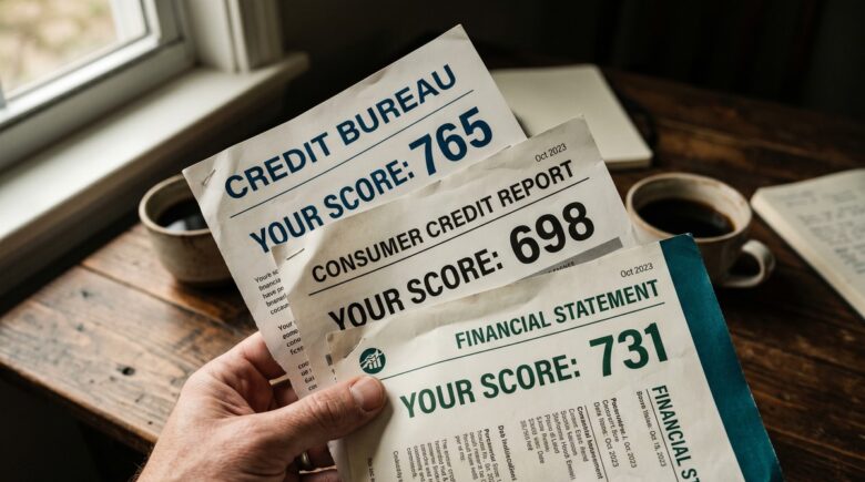 Comparison of different credit score numbers displayed on various websites and credit monitoring platforms