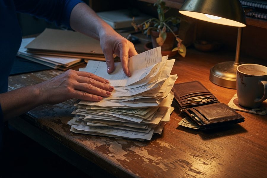 Person reviewing credit card and bank statements with a calculator.