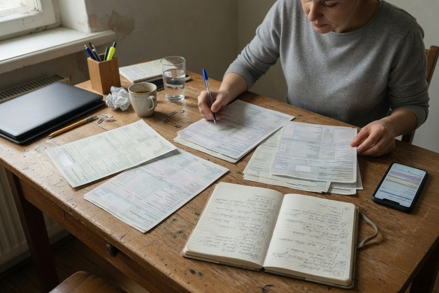Hands categorizing receipts and bank notifications.