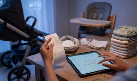 New parents comparing baby gear purchases with budget breakdown chart
