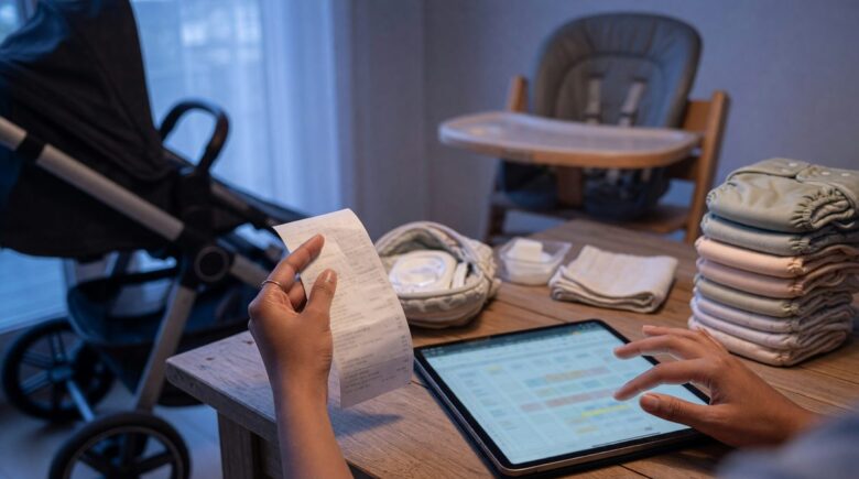 New parents comparing baby gear purchases with budget breakdown chart