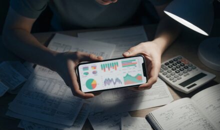 Smartphone displaying personal finance app with spending categories and balance overview