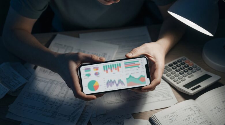 Smartphone displaying personal finance app with spending categories and balance overview