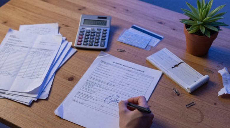 New business owner reviewing documents for opening a business bank account