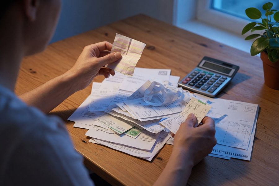 A business owner reviewing bank statements at tax time