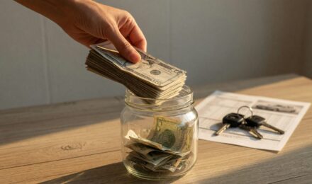 Calculator and notebook showing car down payment savings breakdown with percentage targets