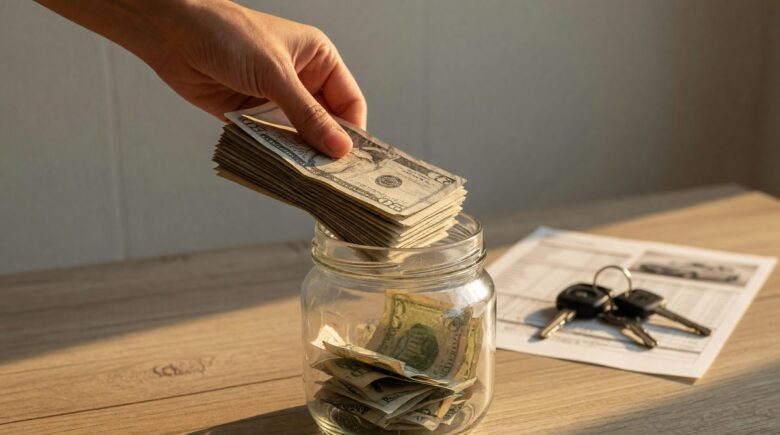 Calculator and notebook showing car down payment savings breakdown with percentage targets