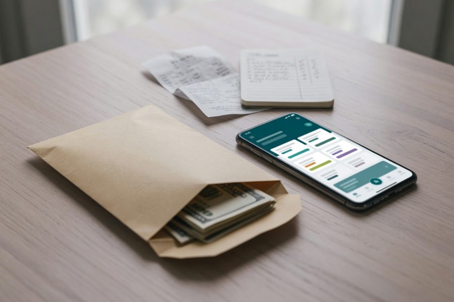 A kitchen counter with both paper cash envelopes and a tablet showing a budgeting app