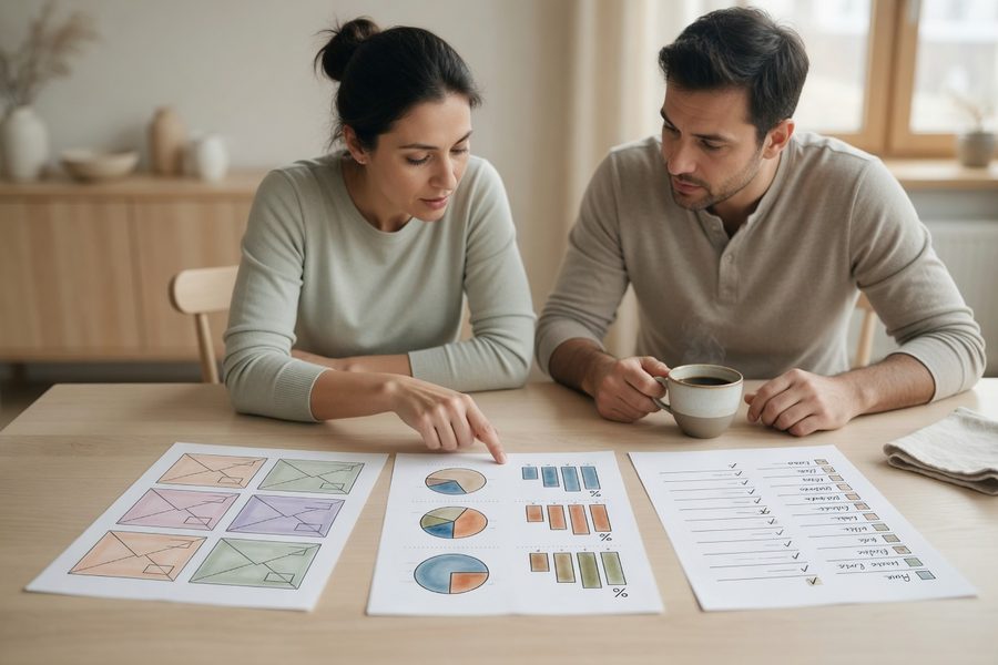 Two people shaking hands across a table with a joint account statement and individual spending cards