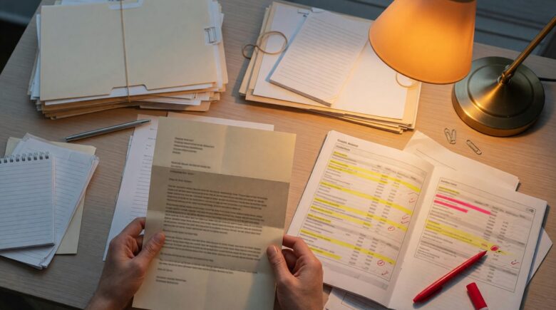 Consumer reviewing credit report with pen, highlighting errors and dispute options