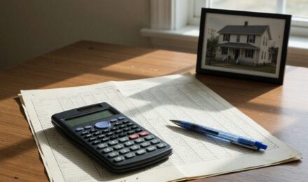 Calculator and notepad showing down payment calculation for home purchase