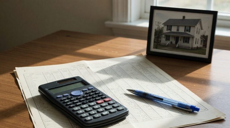 Calculator and notepad showing down payment calculation for home purchase