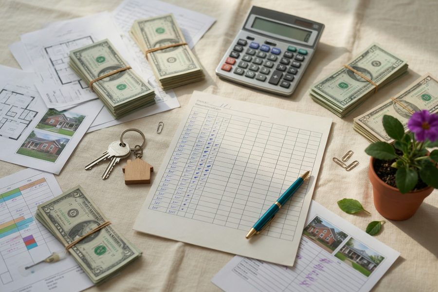 First-time homebuyer sitting at a kitchen table with a laptop and stack of papers