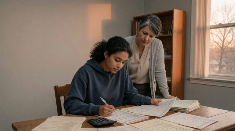 College student studying with calculator and tax documents on desk