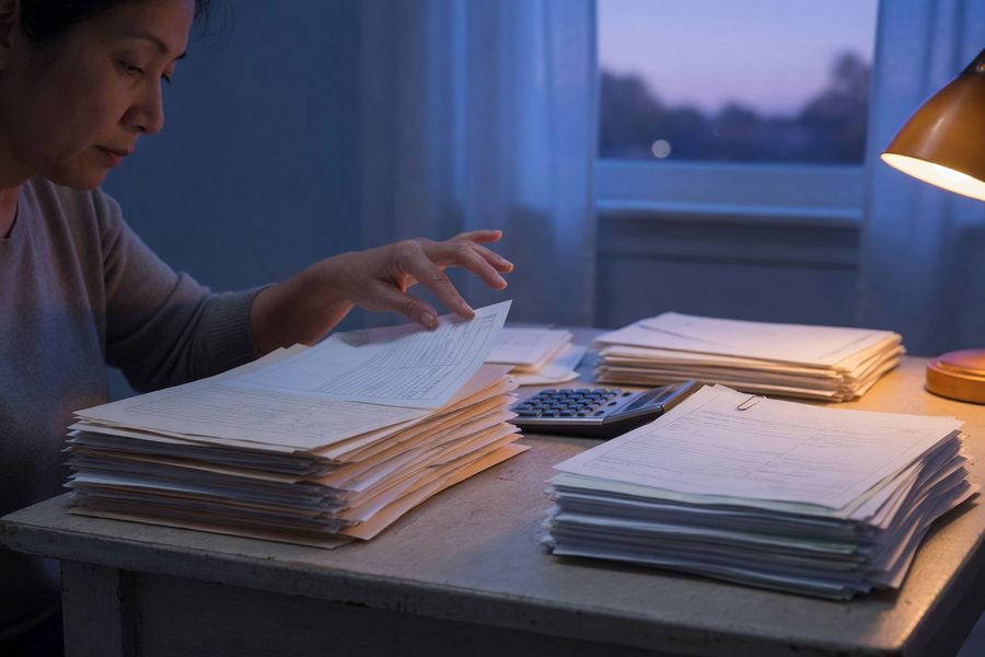 Family reviewing tax forms with college expenses spreadsheet