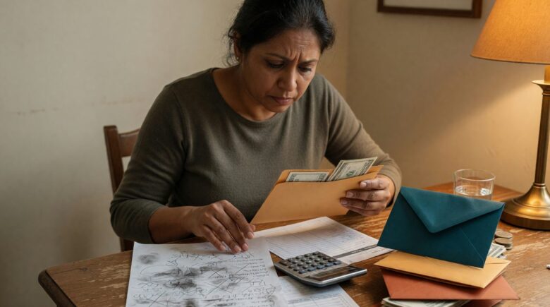Person reviewing emergency fund savings plan with calculator and notebook