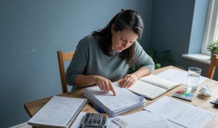 Woman reviewing financial documents and budget plan after divorce