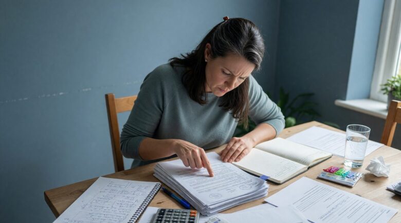 Woman reviewing financial documents and budget plan after divorce