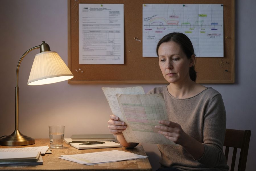 Person reviewing credit report on laptop with coffee