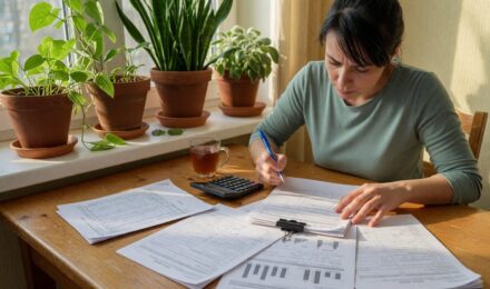 Stay-at-home parent reviewing financial documents and savings accounts on a laptop