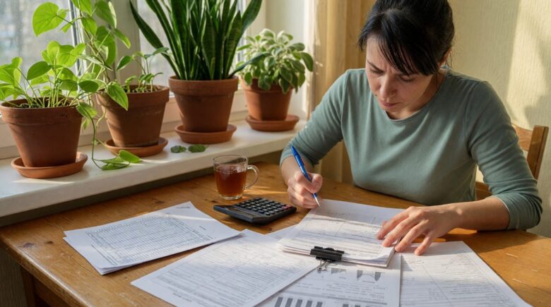 Stay-at-home parent reviewing financial documents and savings accounts on a laptop