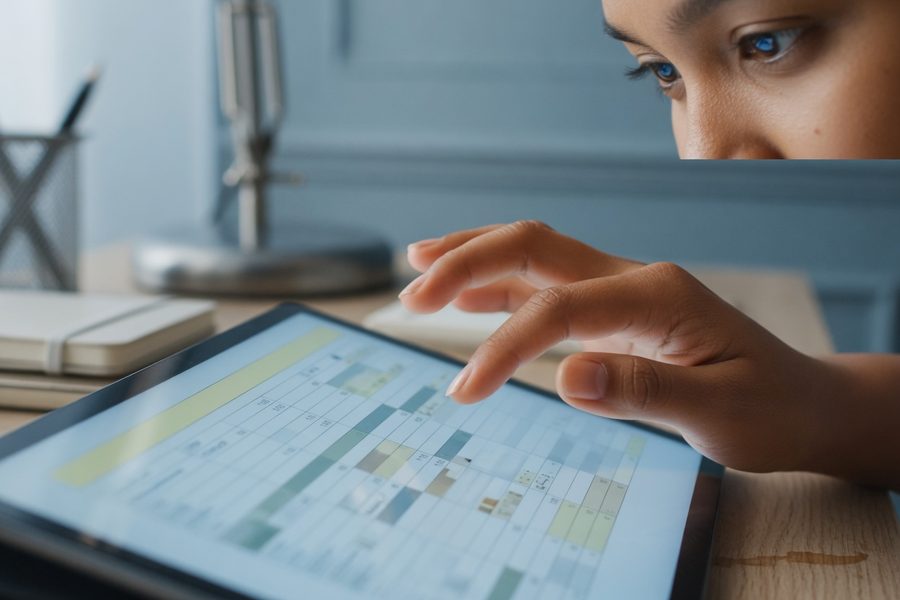 A parent working on a laptop while a child plays nearby, illustrating side income from home.