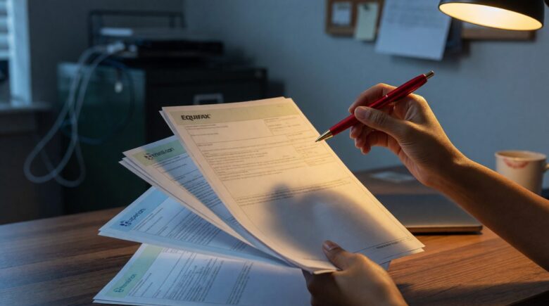 Step-by-step visual guide showing how to freeze credit at Equifax, Experian, and TransUnion