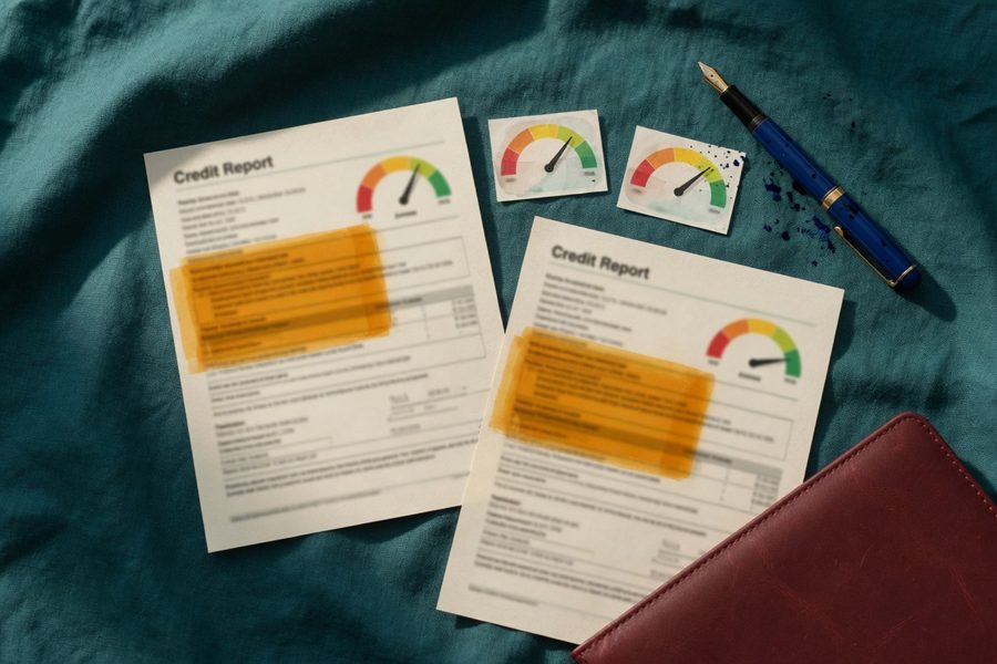 A person drafting a consent-focused goodwill letter with a credit report open nearby