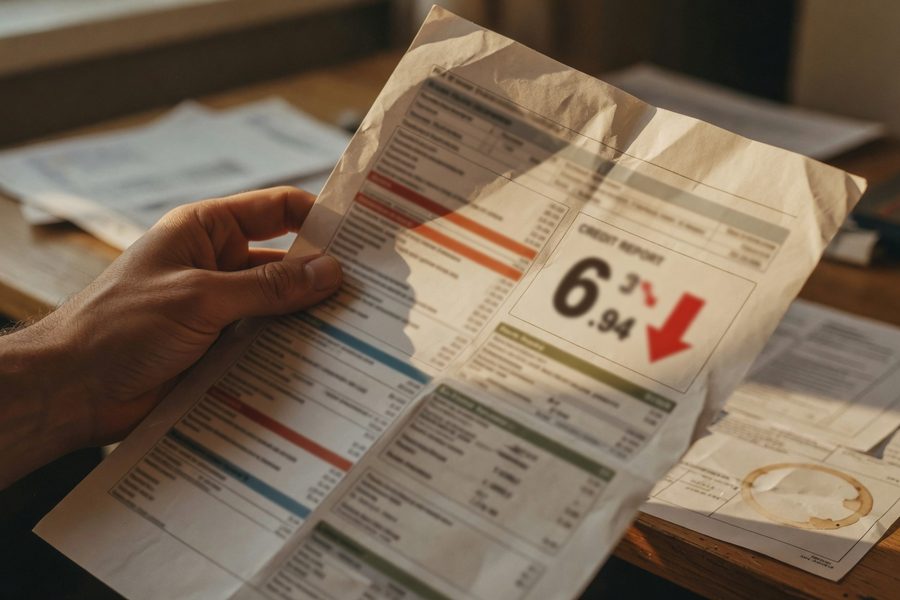 Person writing a goodwill letter at a desk with credit report visible