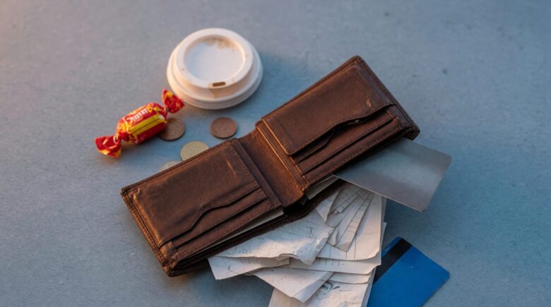Spread of small everyday purchases including coffee, delivery app orders, and quick convenience items on a table