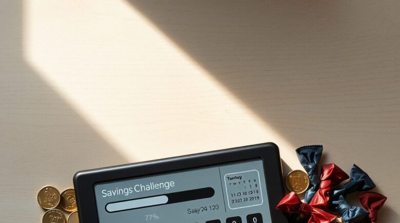 Person setting up automated savings transfers with a calendar and money jar