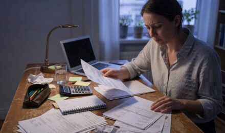 Freelancer reviewing invoice factoring options on laptop with financial documents