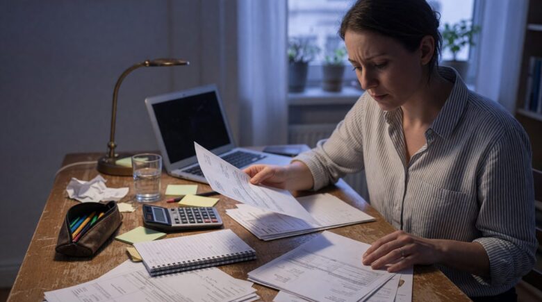Freelancer reviewing invoice factoring options on laptop with financial documents