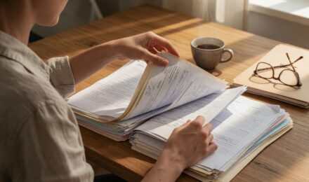 Person reviewing financial documents and inheritance paperwork at a desk with a calculator and notebook