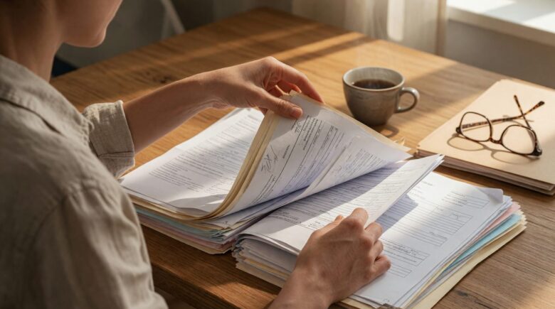 Person reviewing financial documents and inheritance paperwork at a desk with a calculator and notebook